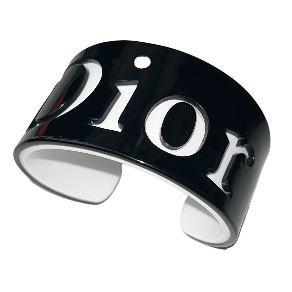 VTG Christian Dior Black & White Spellout Logo Chunky Wide Bangle Cuff Bracelet